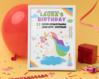 Plantilla de invitación de cumpleaños de unicornio arcoíris, editable en Canva (5x7 pulgadas)
