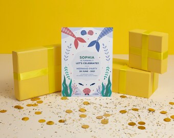 Plantilla editable de invitación de cumpleaños de sirena, Canva DIY