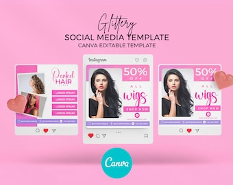 Paquete de volantes para redes sociales con purpurina rosa, diseño de plantilla de volante para hacer uno mismo, volantes de paquetes de productos para el cabello editables, volantes de ofertas de belleza, volantes de Instagram, volante