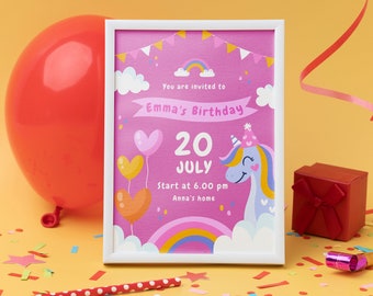 Plantilla de invitación de cumpleaños de unicornio rosa, banderines pastel (Canva editable)