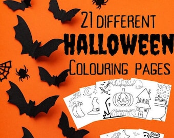 21 Halloween Printable Colouring Pages / Digital Download / Instant Download / Halloween Design / Kids Craft Party Art School / Non Scary