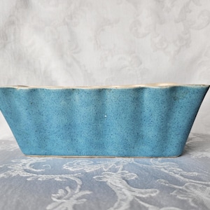 May include: A rectangular, light blue ceramic planter with a textured surface and a scalloped rim. The planter has a speckled appearance and is suitable for indoor or outdoor use. The planter is approximately 10 inches long.