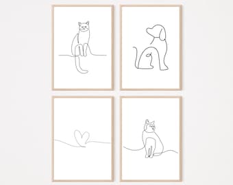 May include: Set of four minimalist line art prints featuring a cat, a dog, a heart, and another cat. The prints are in black and white and are framed in simple wooden frames.