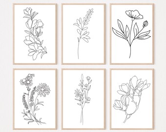May include: Set of six minimalist line art prints featuring various floral designs. Each print showcases a single flower or plant in a simple, elegant style.