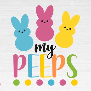 May include: A colorful graphic design featuring three cartoon Peeps, a pink Peep, a blue Peep, and a yellow Peep. The text "my peeps" is written in a colorful font below the Peeps. There are six colorful dots below the text.