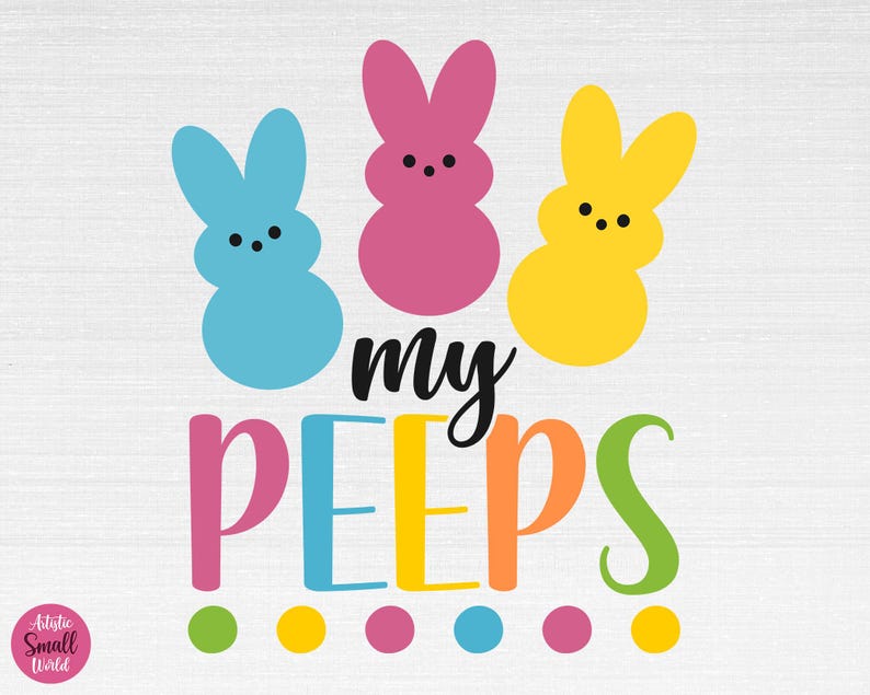 May include: A colorful graphic design featuring three cartoon Peeps, a pink Peep, a blue Peep, and a yellow Peep. The text "my peeps" is written in a colorful font below the Peeps. There are six colorful dots below the text.