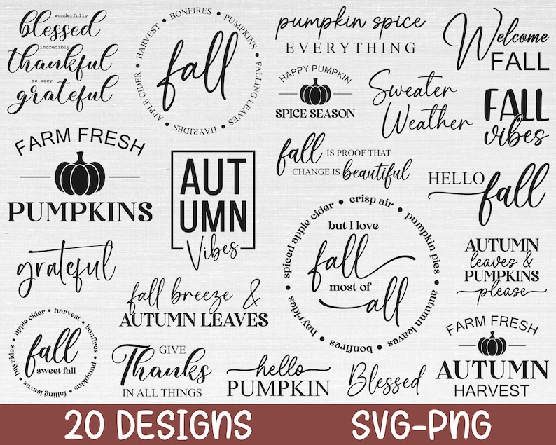 Puede incluir: Veinte dise&ntilde;os de oto&ntilde;o en SVG y PNG en blanco y negro. Los dise&ntilde;os incluyen frases como "blessed thankful grateful", "farm fresh pumpkins", "fall breeze & autumn leaves", "pumpkin spice everything", "sweater weather", "fall vibes", "hello fall", "autumn leaves & pumpkins please", "farm fresh autumn harvest", y m&aacute;s.