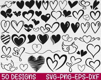 May include: A set of 50 black and white heart-shaped SVG cut files. The hearts are in various styles, including simple, ornate, and with wings. The text "50 DESIGNS SVG-PNG-EPS-DXF" is at the bottom of the image.