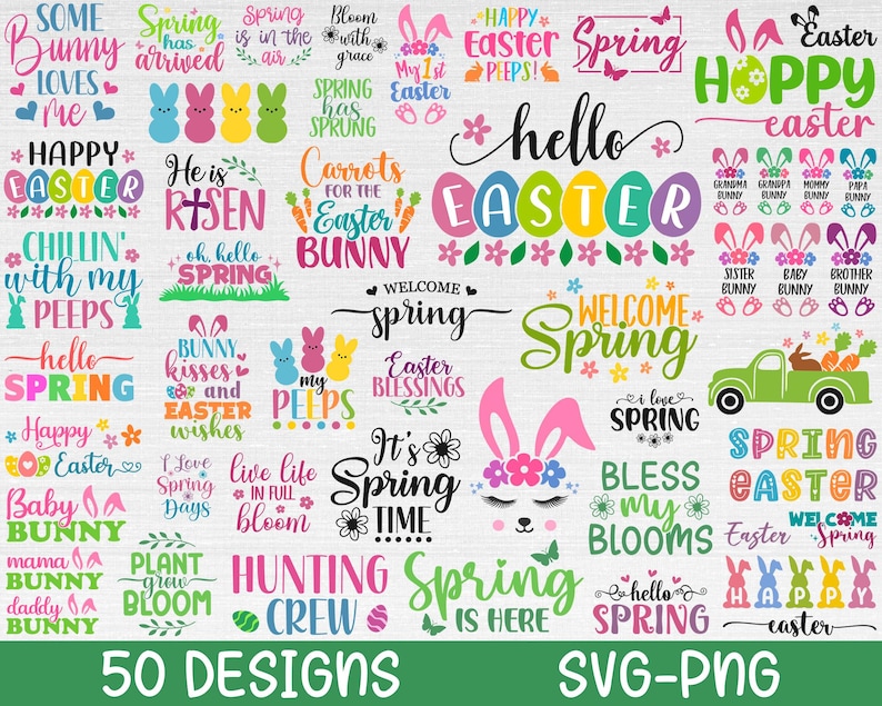May include: A collection of 50 colorful spring and Easter themed SVG and PNG designs. The designs feature phrases like "Happy Easter", "Spring Has Sprung", "Welcome Spring", and "It's Spring Time".