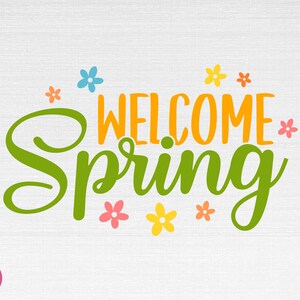 May include: Welcome Spring text in orange with green cursive lettering for the word Spring. The text is surrounded by colorful flowers.