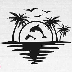 Scène de plage SVG, Dauphin Palmier Coucher de soleil SVG, Été SVG, Chemise d’été SVG, Vacances SVG, Scène de plage Couper des fichiers, Cricut, Png, SVG