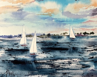 写実的な海景水彩画「海岸にて #4」 - Etsy 日本