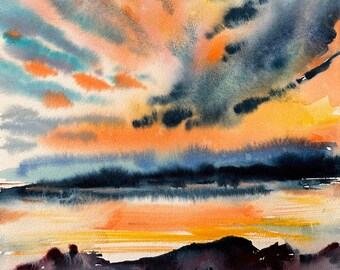 Original Watercolor Painting by Helga Sherr| Home Decor| Painting | Original Sunset Beach Watercolor | Sunset Painting | Original Watercolor