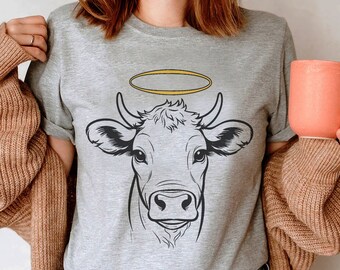 Camisa de vaca sagrada, regalo amante de las vacas, chica de granja, camisa de vaquilla divertida, camiseta de granja, camiseta de campo, camiseta de rancho, camisa de juego de palabras de animales de granja, camiseta de halo de vaca