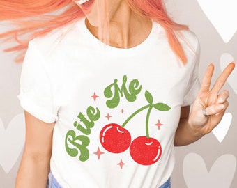 Bite Me Cherry T-shirt, Groovy Cherries Shirt, Cherry Top, Unisex Graphic Tee, Cute Cherries Shirt, Hippie Shirt, Trendy Birthday Gifts