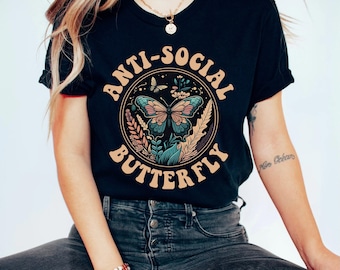 Retro Anti Social Butterfly Shirt, Antisocial Shirt, Introvert T Shirt, Vintage Butterfly Graphic Tee for Women, Boho Butterfly Lover Gift