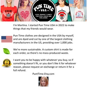 May include: A promotional image featuring a variety of graphic t-shirts with humorous designs. The shirts are displayed on models. The brand name "Pun Time USA" is prominently displayed in a circular logo. The image also includes text about the brand's origin and sustainability.