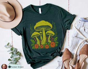 Camisa de setas vintage, seta grabada en madera, camiseta de estilo escandinavo, camisa inspirada en la naturaleza, estética vintage, camiseta de hongos retro, micelio