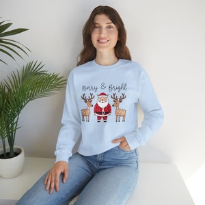 Merry And Bright Christmas Sweatshirt, Womens Festive Apparel, Santa And Reindeer, Christmas Party Sweater, Cute Holiday Season Sweatshirt image 5