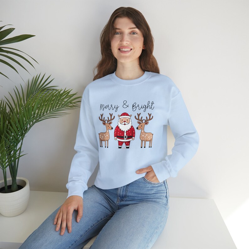 Merry And Bright Christmas Sweatshirt, Womens Festive Apparel, Santa And Reindeer, Christmas Party Sweater, Cute Holiday Season Sweatshirt image 5