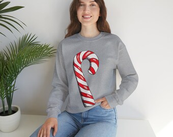 Sudadera navideña de bastón de caramelo, cuello redondo de Navidad para mujer, suéter de bastón de caramelo vintage, ropa festiva, dulce regalo navideño, suéter de fiesta de Navidad
