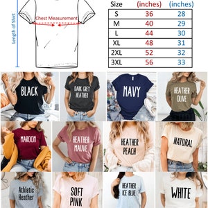 May include: A variety of t-shirts in different colors, including black, navy, and heather olive, are displayed. Each shirt has the color name printed on it in white. A size chart shows chest and length measurements in inches for sizes S to 3XL.