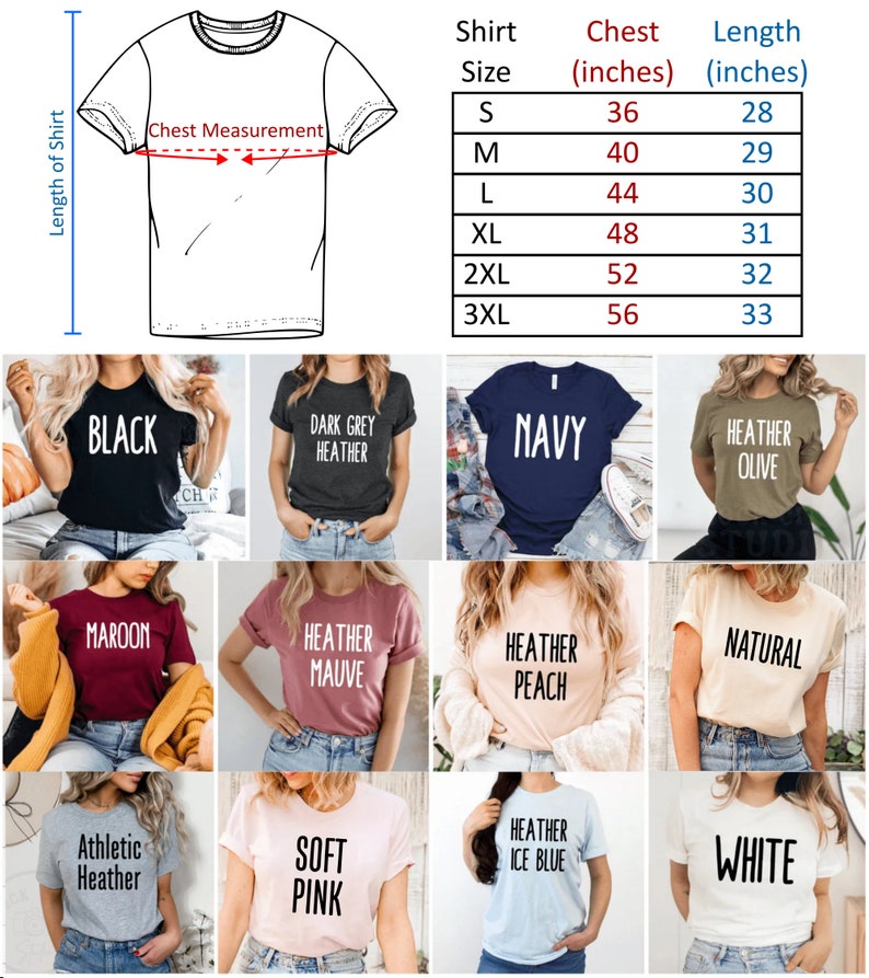 May include: A variety of t-shirts in different colors, including black, navy, and heather olive, are displayed. Each shirt has the color name printed on it in white. A size chart shows chest and length measurements in inches for sizes S to 3XL.