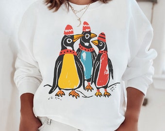 Sudadera peculiar de pingüinos, suéter artístico navideño, ropa navideña divertida, regalo para amantes de los pingüinos, linda sudadera de temporada navideña