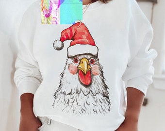 Sudadera de gallo de Navidad, sombrero de Papá Noel en pájaro, suéter gráfico navideño divertido, suéter de fiesta de Navidad, regalo navideño para los amantes del pollo