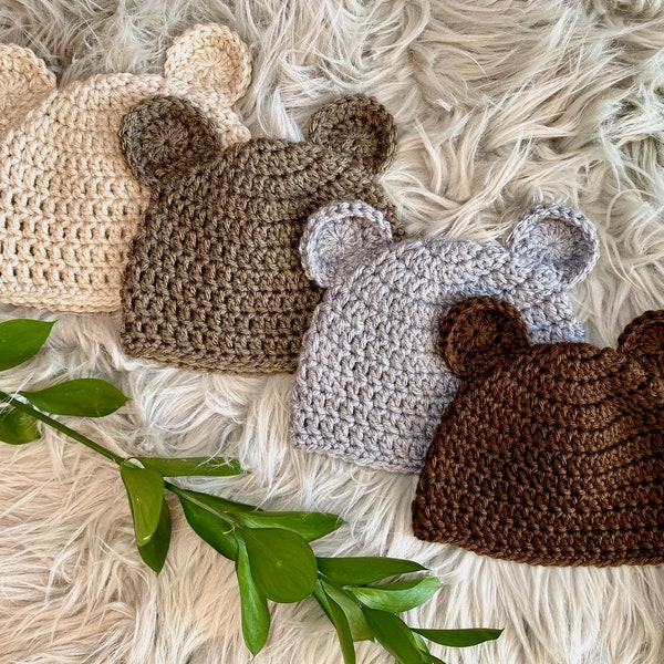 Crochet Baby Bear Hat, Bear Ears, Baby Shower Gift, Hospital Hat, Coming Home Outfit, Newborn Photo Shoot Prop, Size Preemie to 6 Months