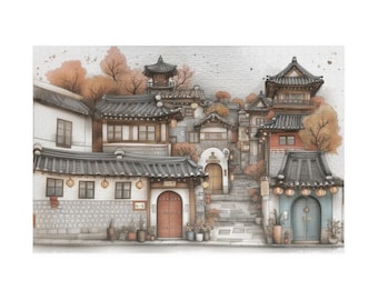 May include: Watercolour painting of a traditional Korean village with tiled roofs, wooden doors, and stone pathways. The buildings are in shades of white, brown, and blue, with autumn-coloured trees in the background. Lanterns hang from the eaves.