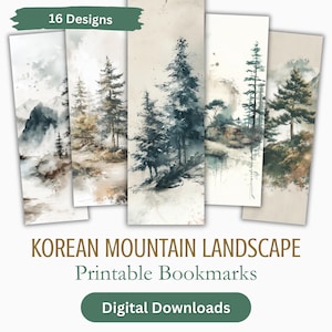 Könnte beinhalten: Set von druckbaren Lesezeichen mit koreanischen Berglandschaftsdesigns. Jedes Lesezeichen zeigt Aquarellillustrationen von Bäumen und Bergen in Grau-, Grün- und Brauntönen. Der Text "16 Designs" und "Digital Downloads" ist sichtbar. Lesezeichen messen 5 cm x 15 cm.