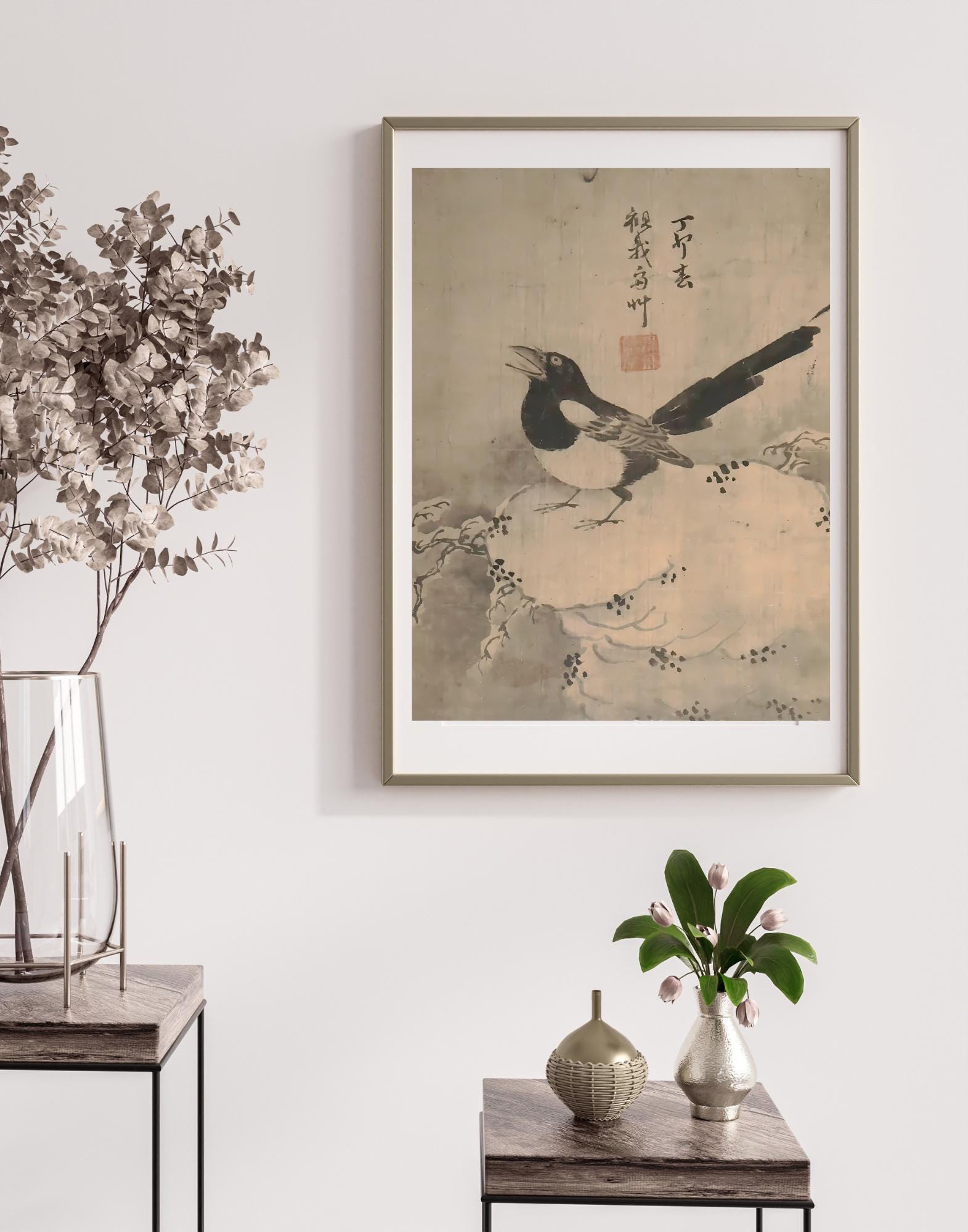 韓国のヴィンテージカササギアート、朝鮮時代の鳥の絵、伝統的なアジア