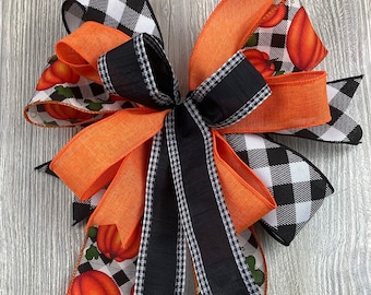 Pumpkin Wreath Bow, Orange Black Buffalo Plaid, Fall Decor