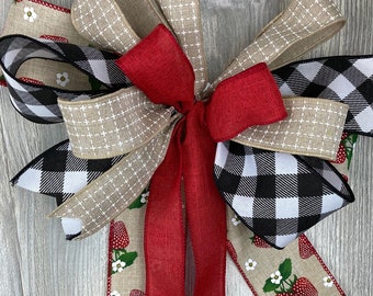 Farmhouse Wreath Bow, Buffalo Check, Burlap, Strawberry Decor