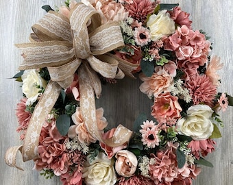 Shabby Chic Front Door Wreath, Mother&#39;s day Gift, Rose Wreath, Pink Wreath, Victorian Wreath, Romantic Wreath, Year Round Wreath