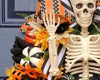 Skeleton Wreath - Halloween Skeleton Wreath - Front Door Halloween Wreath - Friendly Halloween Wreath-Halloween Porch Decor, Not Scary