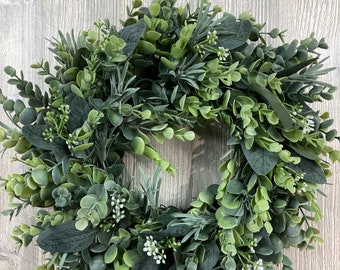 Year Round Front Door Wreath, Greenery Wreath, Farmhouse Wreath, Eucalyptus Wreath, Neutral Door Decoration, New Home gift, small wreath