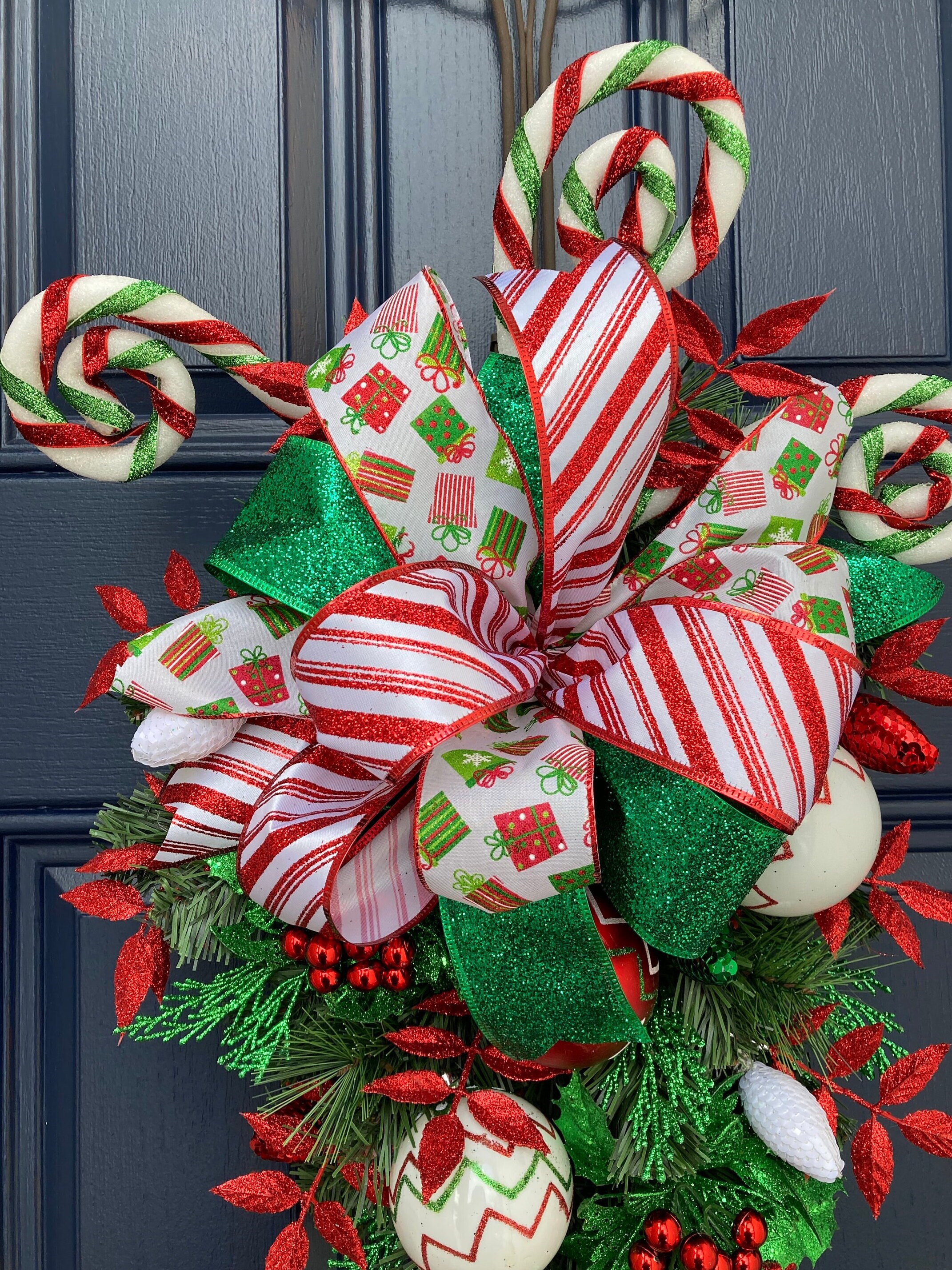 Candy Cane Christmas Wreath,Christmas Teardrop Swag Candy Cane,Red White  Xmas Decoration with Ball Ornaments,Christmas Garland for Holiday Wall Door