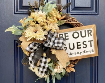 Year round wreath, Welcome sign for a front door, Buffalo check door decor, Farmhouse Wreath, New home gift