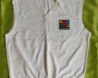 Adidas Ivan Lendl made in Jugoslawien Vintage 80er Jahre Männer Pullover Gilet Weste Weiß Gr. XXL, D 56, F 186