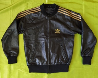 Adidas Originals A-15 vintage mujer zip chaqueta de cuero real 084039 negro oro / amarillo hecho 2004, tamaño uk 12 M