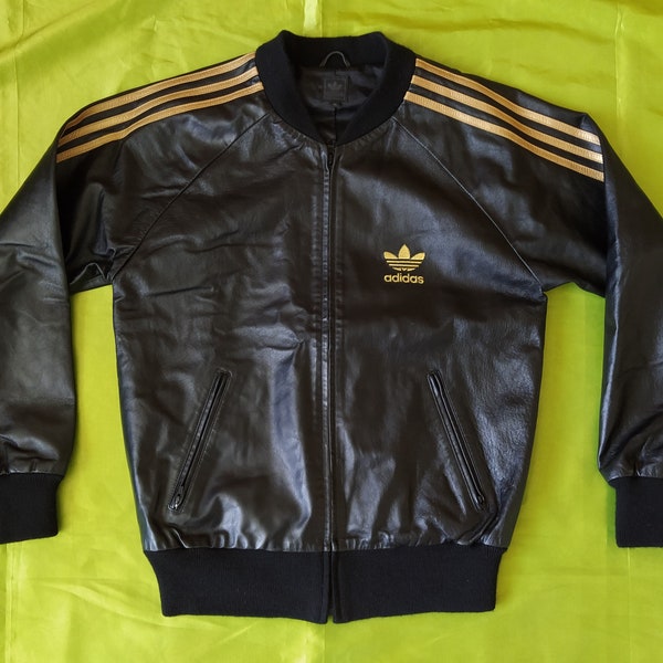 Adidas Originals A-15 vintage mujer zip chaqueta de cuero real 084039 negro oro / amarillo hecho 2004, tamaño uk 12 M