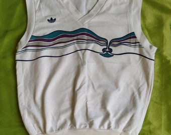 Adidas Ivan Lendl Dakota la cara hecha en Alemania Occidental vintage 80s hombres unisex sin mangas suéter gilet chaleco blanco azul tamaño M, D 50, F 4