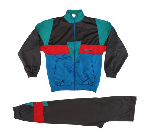 size 174, M Adidas vintage 80s or 90s men full tracksuit set jacket and  pants, black blue green red, size M, D 5, 174