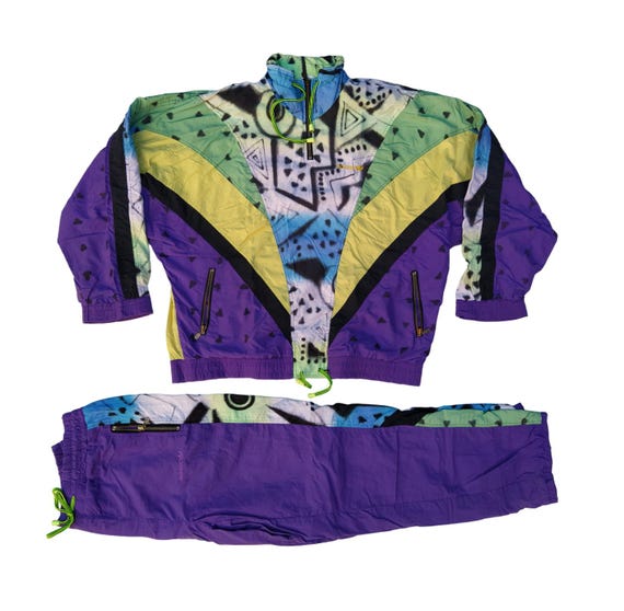 Adidas Vintage 80er oder 90er Jahre Frauen Trainingsanzug Jacke und Hose GroBe D 40 F 42 lila gelb grun multicolor Etsy