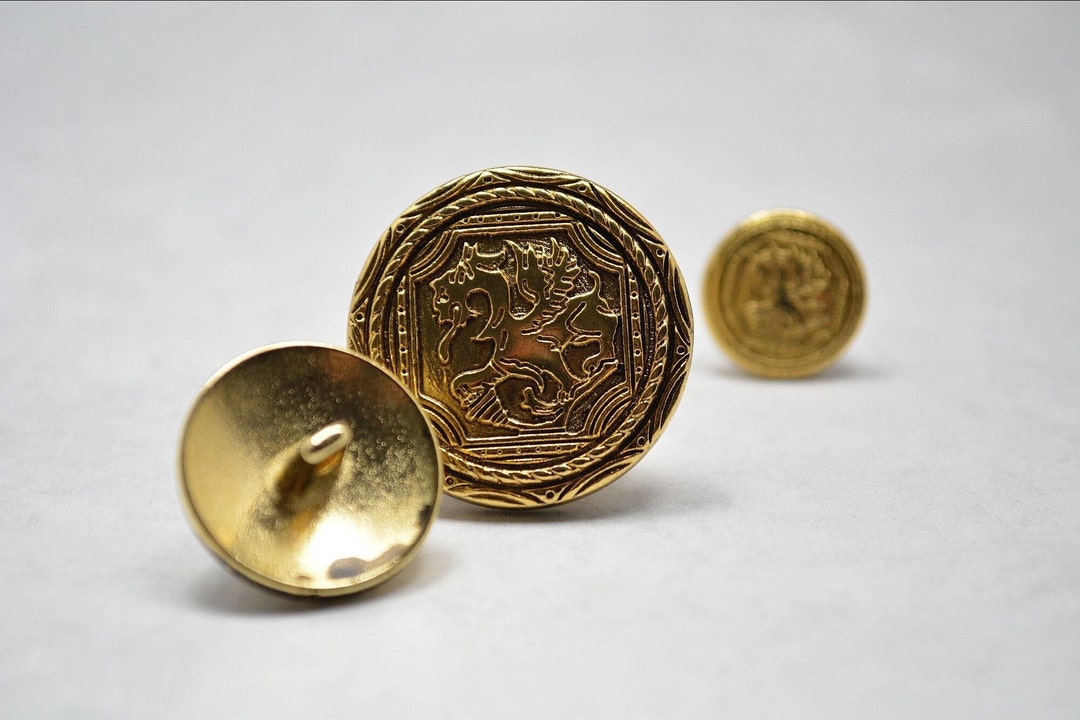 Shank Button Gold Rim Vintage Button Burnished Gold, Flat With Shank, Heraldic Dragon With ...