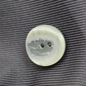 May include: A light green button with two holes. The button has a textured surface.