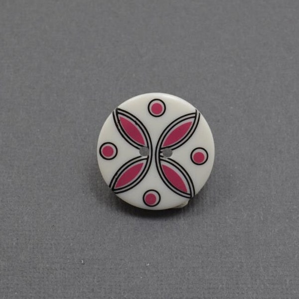 White with Pink and Black Abstract Floral and Dot Button – 2-hole (FF-13)