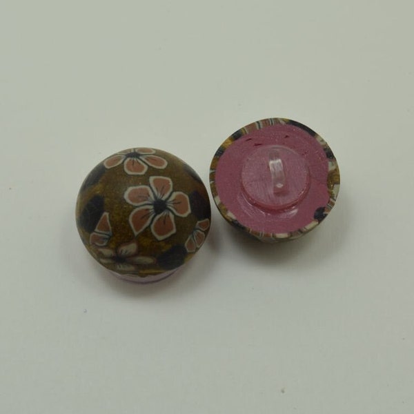 Brown with Taupe & Mauve Flowers Resin Button (AA-11)